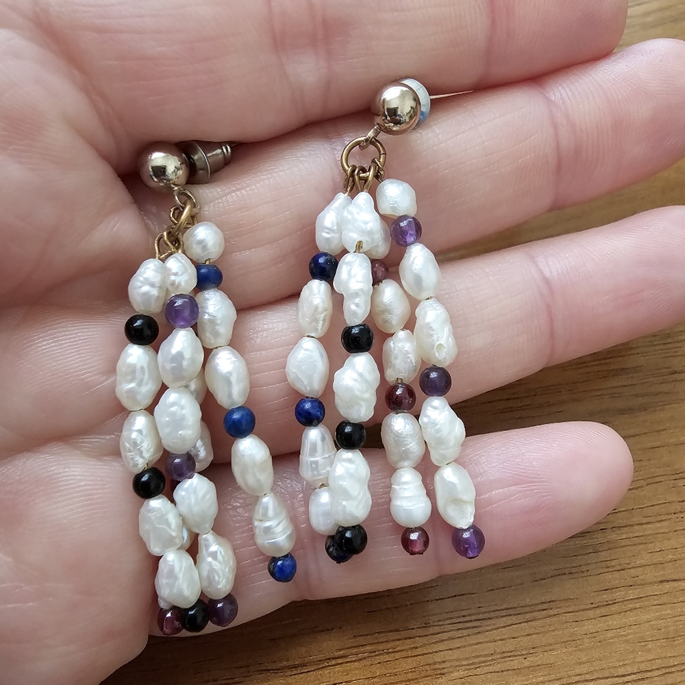 Boho Confetti Pearl Earrings – Amethyst, Lapis & Onyx Statement Dangles